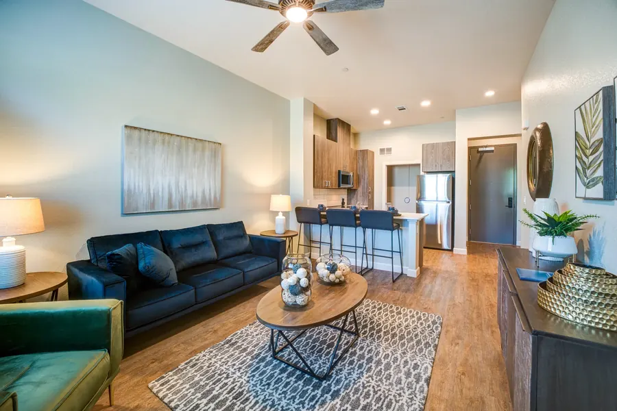 Apartment living room with a dark sofa and an open kitchen behind it