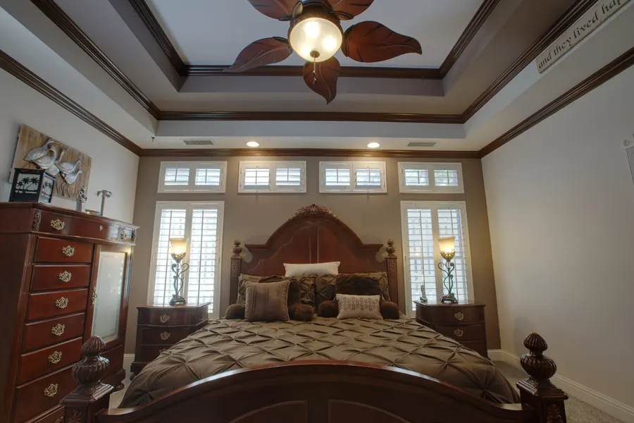 Home primary bedroom with a tray ceiling and a wooden bed