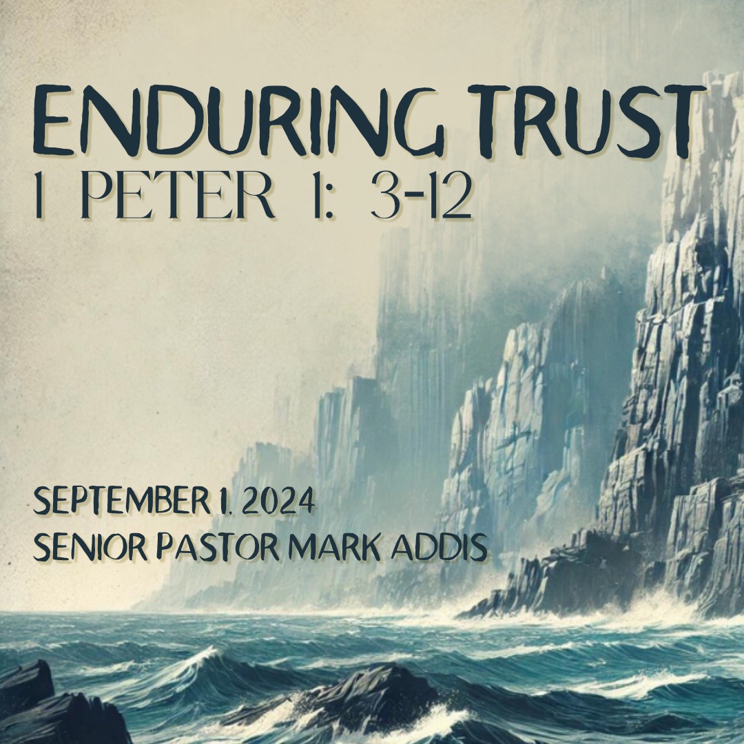 Pastor Mark Addis delivering a sermon at New Hope Community Church, focusing on enduring trust in God and the promise of eternal life from 1 Peter 1:3-12.